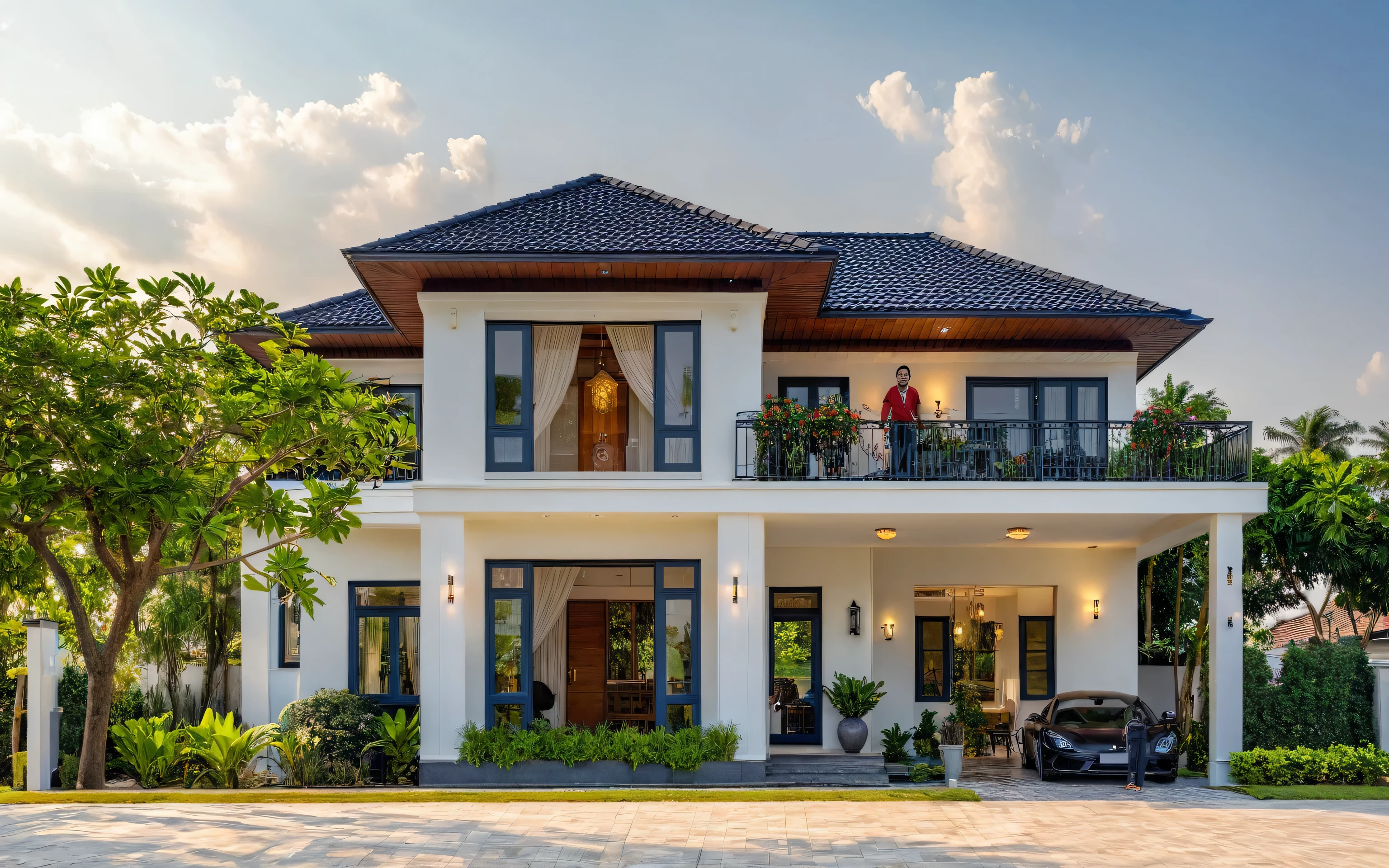 (masterpiece:1.2), best quality, photo of A two-story modern house in VietNam with dark tiles on the roof., dark granite tiled wall, neo classic detail, tree and plant environment,daylight, streetcapes, natural light, vivid color, The exterior of an elegant single family home features large windows, a dark gray door frame.