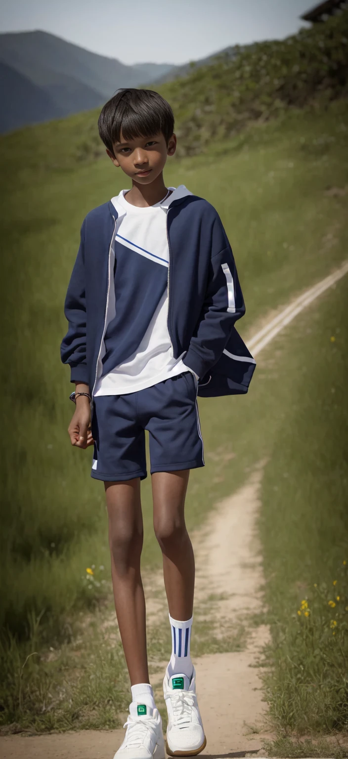 14 year old boy，（Wearing white tennis clothes，Wearing green socks），Dark skin，Big round eyes，Very short hair，Tall and skinny，Toothy Smile，Sharpen details，Knee muscle lines，Blue Background，Hold a bouquet of flowers in your hand