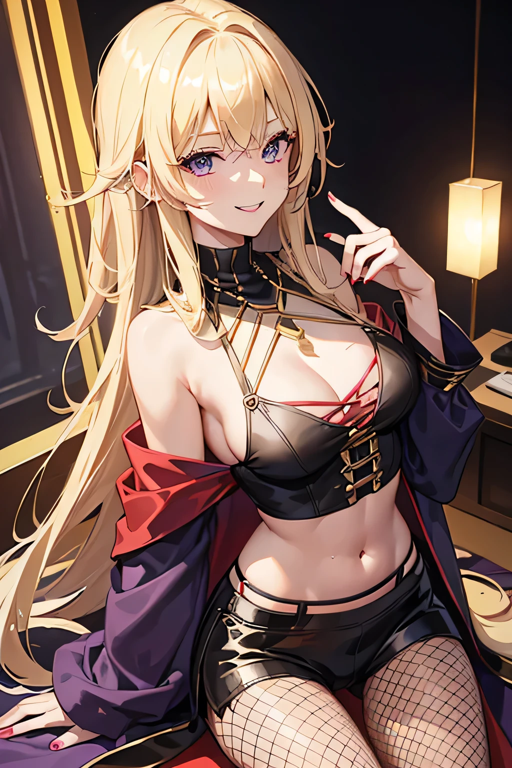 Young, blonde haired girl, medium breasts, black low-cut crop top, fishnet leggings with red bands at the top, purple cloak, gold necklace to draw attention to cleavage, smile, smiling, sexy pose