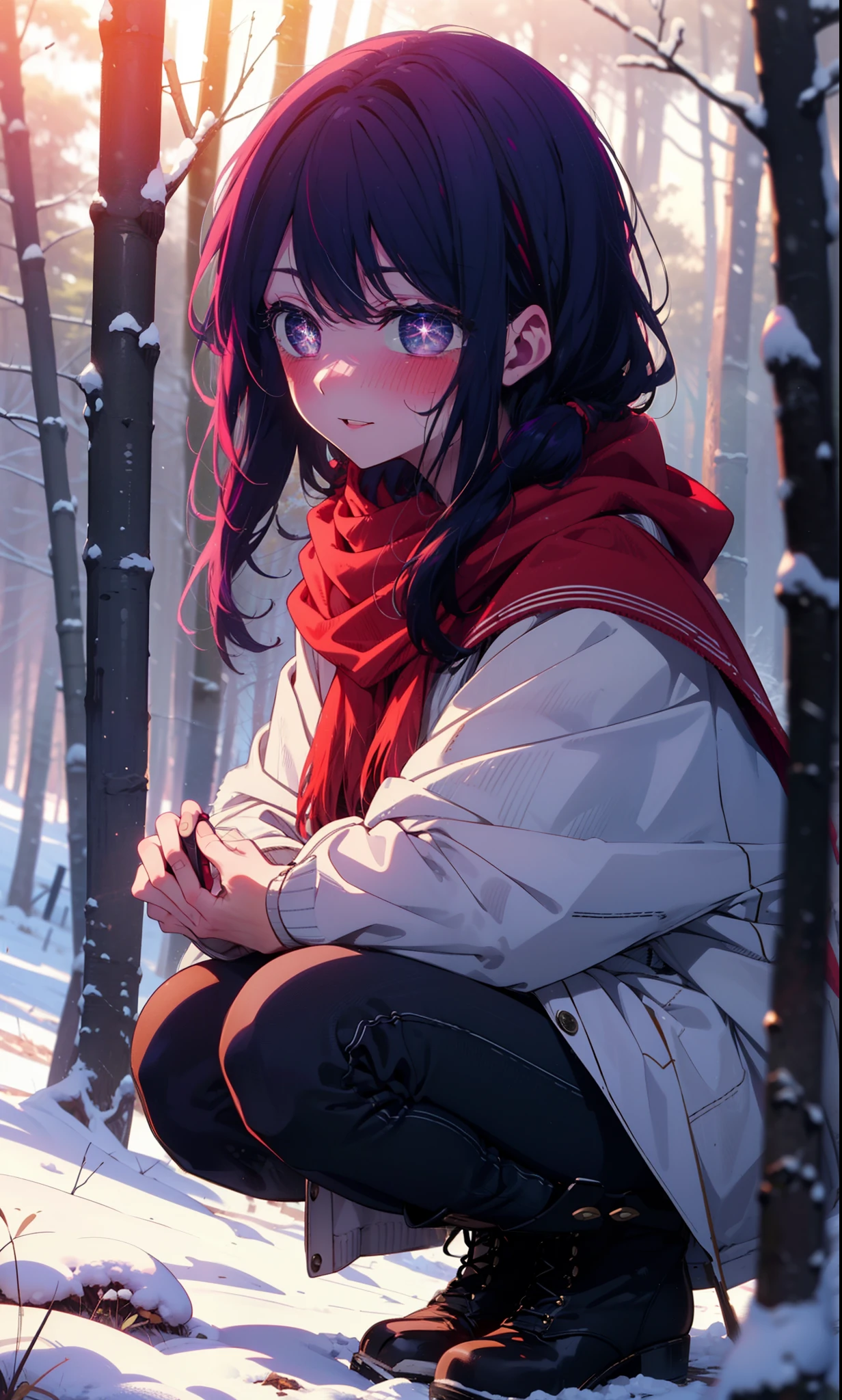 aihoshino, Ai Hoshino, Long Hair, bangs, (Purple eyes:1.1), Purple Hair, (Symbol-shaped pupil:1.5), smile,,smile,blush,White Breath,
Open your mouth,snow,Ground bonfire, Outdoor, boots, snowing, From the side, wood, suitcase, Cape, Blurred, , forest, White handbag, nature, Squat, Mouth closed, Cape, winter, Written boundary depth, Black shoes, red Cape break looking at viewer, Upper Body, whole body, break Outdoor, forest, nature, break (masterpiece:1.2), Highest quality, High resolution, unity 8k wallpaper, (shape:0.8), (Beautiful and beautiful eyes:1.6), Highly detailed face, Perfect lighting, Highly detailed CG, (Perfect hands, Perfect Anatomy),