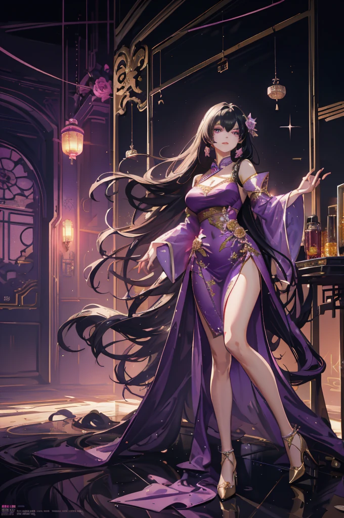 (very delicate, Masterpiece, Excellent lighting and shadows, HD wallpaper 8K), woman, black hair, white bangs, straight hair, long, purple eyes, big eyes, plump lips, Pink cheeks, Wearing Chinese Costume, purple dress, open shoulder, high-heels, elegant, castle, gold color