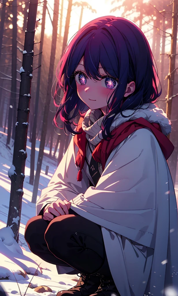 aihoshino, Ai Hoshino, Long Hair, bangs, (Purple eyes:1.1), Purple Hair, (Symbol-shaped pupil:1.5), smile,,smile,blush,White Breath,
Open your mouth,snow,Ground bonfire, Outdoor, boots, snowing, From the side, wood, suitcase, Cape, Blurred, , forest, White handbag, nature, Squat, Mouth closed, Cape, winter, Written boundary depth, Black shoes, red Cape break looking at viewer, Upper Body, whole body, break Outdoor, forest, nature, break (masterpiece:1.2), Highest quality, High resolution, unity 8k wallpaper, (shape:0.8), (Beautiful and beautiful eyes:1.6), Highly detailed face, Perfect lighting, Highly detailed CG, (Perfect hands, Perfect Anatomy),