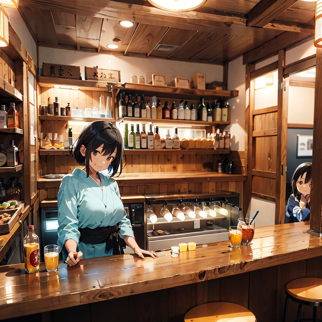 (1 mature japanese woman:1.3),40 years old,Black Hair,short hair,Buckshot,The interior of a retro Western-style bar,Narrow interior,Dark interior,There are no other customers,Sitting on a counter chair,Turn around and look at the camera,smile,Light green clothes,Holding a glass of Blue Hawaii,indirect lighting,midnight,quiet night,Wooden bar counter