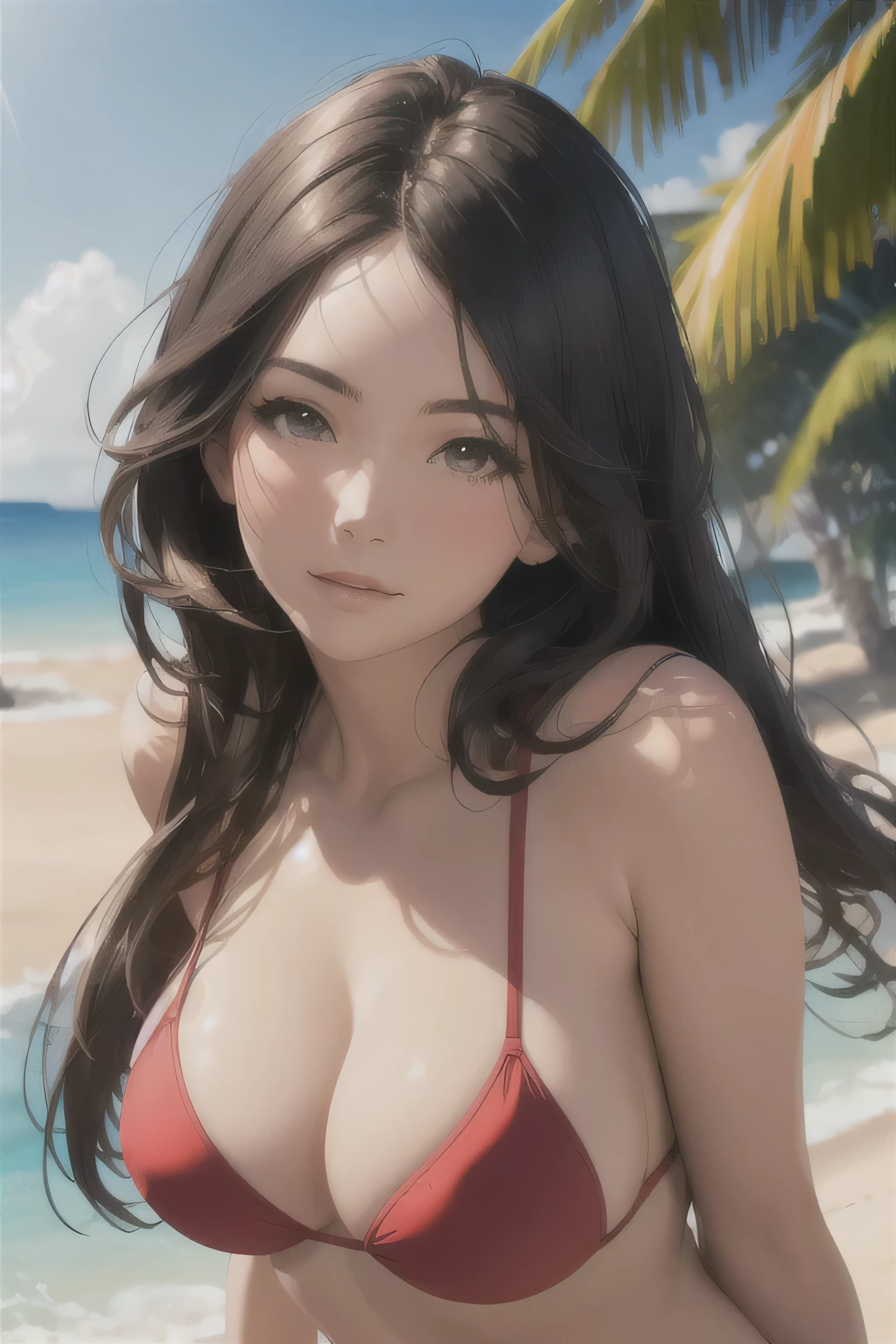 a beautiful woman with long dark hair, wearing a red bikini, posing in a tropical beach setting, sunlight reflecting off her skin, (best quality,4k,8k,UHD,HD,soft textures ,highres,masterpiece:1.2),ultra-detailed,(realistic,photorealistic,photo-realistic:1.37),detailed facial features, alluring expression, elegant pose, sandy beach, palm trees, blue ocean, golden hour lighting, warm tones