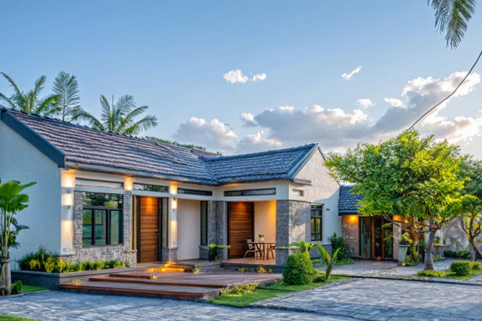 Masterpiece, high quality, best quality, authentic, super detailed, outdoor, aiaigroup, 2-storey modern townhouse style, stairs, white wall combined with wood, conwood wall, wind encaustic tiles, gate iron, conwood ceiling, flowers, walkway, summer evening, grass, trees, sky, clouds, (daylight: 1.1)