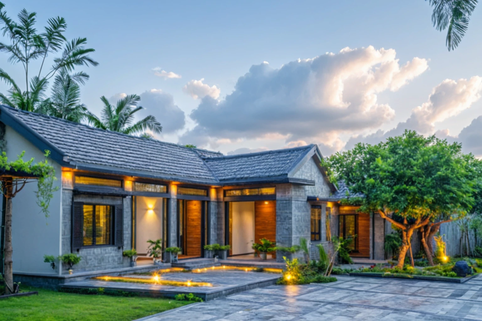 Masterpiece, high quality, best quality, authentic, super detailed, outdoor, aiaigroup, 2-storey modern townhouse style, stairs, white wall combined with wood, conwood wall, wind encaustic tiles, gate iron, conwood ceiling, flowers, walkway, summer evening, grass, trees, sky, clouds, (daylight: 1.1)