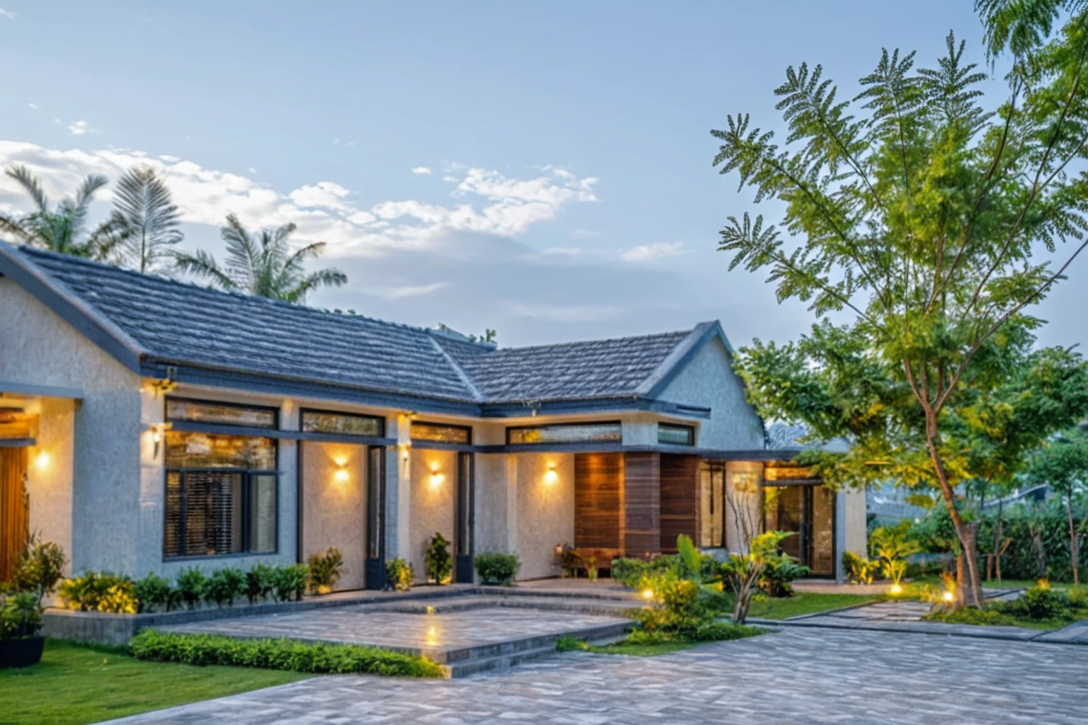 Masterpiece, high quality, best quality, authentic, super detailed, outdoor, aiaigroup, 2-storey modern townhouse style, stairs, white wall combined with wood, conwood wall, wind encaustic tiles, gate iron, conwood ceiling, flowers, walkway, summer evening, grass, trees, sky, clouds, (daylight: 1.1)