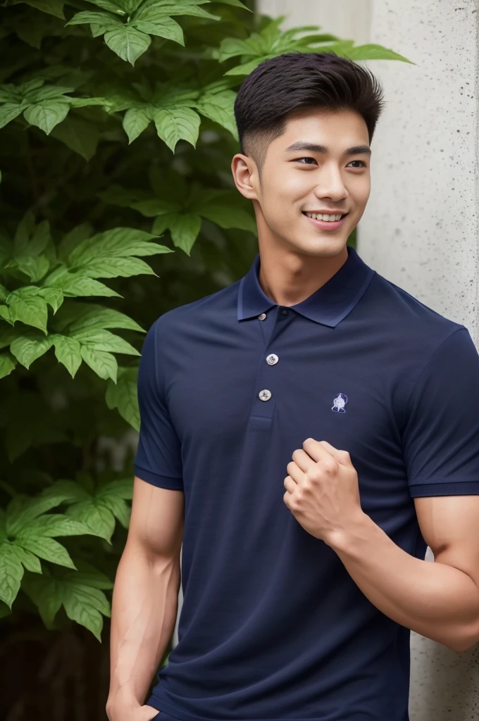 handsome man ,Age 20 , short hair, Korea , student，(((Wear a navy blue polo shirt with no stripes.......))), smile , front view ,chest muscles, Broad shoulders ,sportsperson , upper body (1),  rain: 1.3, Edge of tall building: 1.2, body drenched: 1.1,