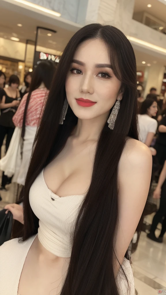 From below, full body shot of a gorgeous Indonesian woman black messy hair, red lipstick, sensual Lipstick, Sensational Make up, age 25, nice hair style, she's a men magazine model, She has a subtle smile and stare with the camera, (she’s in the mall and crowd of people ), (she’s wears a blouse, cleavage), perfect eyes, perfect hands, perfect body, ((perfect hair)), perfect breast, crossing arms, hair behind ear, UHD, retina, masterpiece, accurate, anatomically correct, textured skin, super detail, high details, high quality, award winning, best quality, highres, 16k, 8k, cinematic lighting