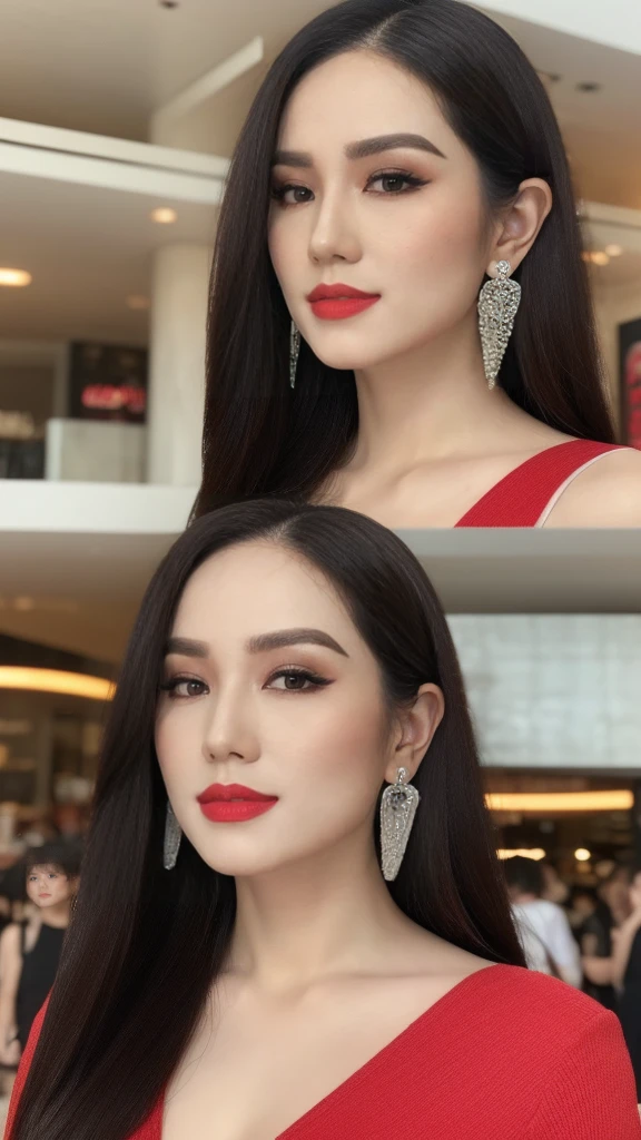 From below, full body shot of a gorgeous Indonesian woman black messy hair, red lipstick, sensual Lipstick, Sensational Make up, age 25, nice hair style, she's a men magazine model, She has a subtle smile and stare with the camera, (she’s in the mall and crowd of people ), (she’s wears a blouse, cleavage), perfect eyes, perfect hands, perfect body, ((perfect hair)), perfect breast, crossing arms, hair behind ear, UHD, retina, masterpiece, accurate, anatomically correct, textured skin, super detail, high details, high quality, award winning, best quality, highres, 16k, 8k, cinematic lighting