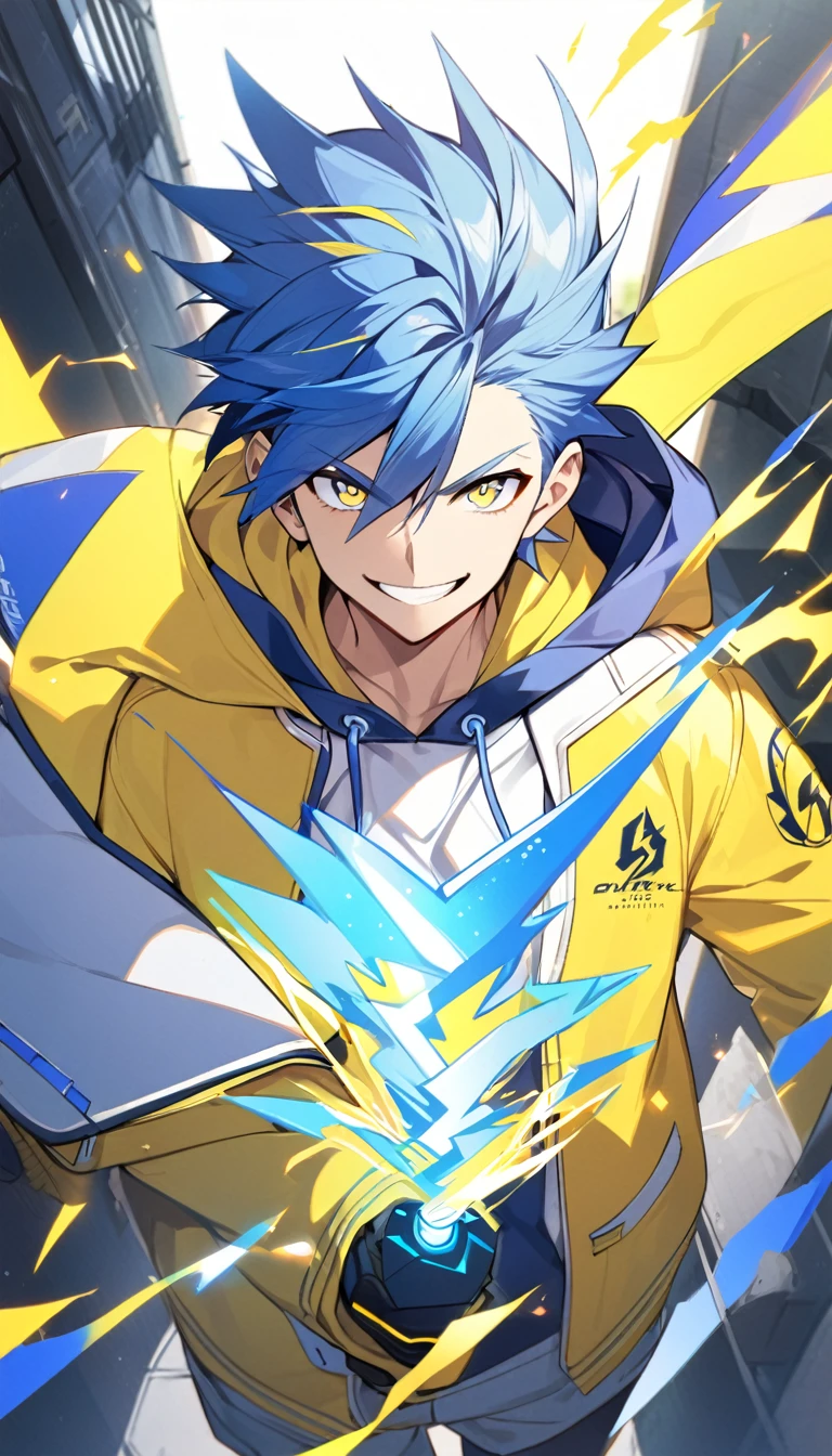 1 boy,yellow and blue hair,yellow and blue eyes,,white open school blazer with logo,yellow hoodie inside,bright smile, holding a lightning volt, standing 