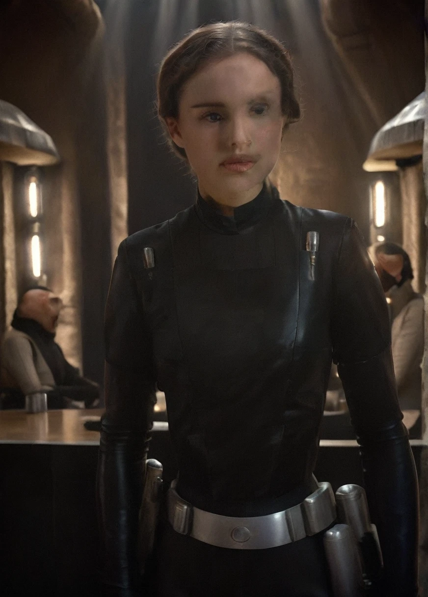 high resolution photo face close-up of p4dme woman sitting in a star wars cantina,looking at camera,black uniform,hair chignon,full body shot,depth of field,volumetric lighting,sunrise,(surreal dramatic lighting shadow)
