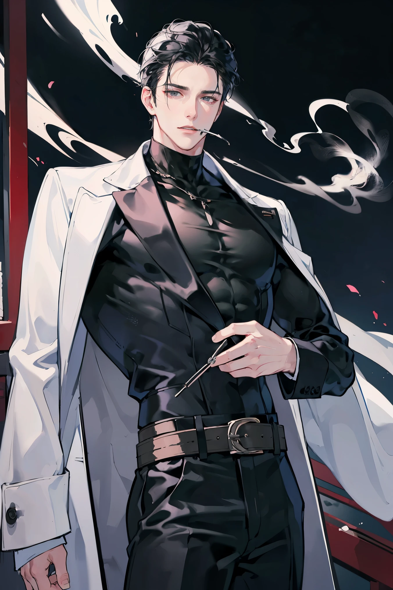 (masterpiece), best quality, seductive eyes, mature face, handsome man, jet black eyes, white slicked back hair, black turtleneck, black pants, black coat, broad shoulders, anime cover, 1boy, masculine, smoking, adult-like look