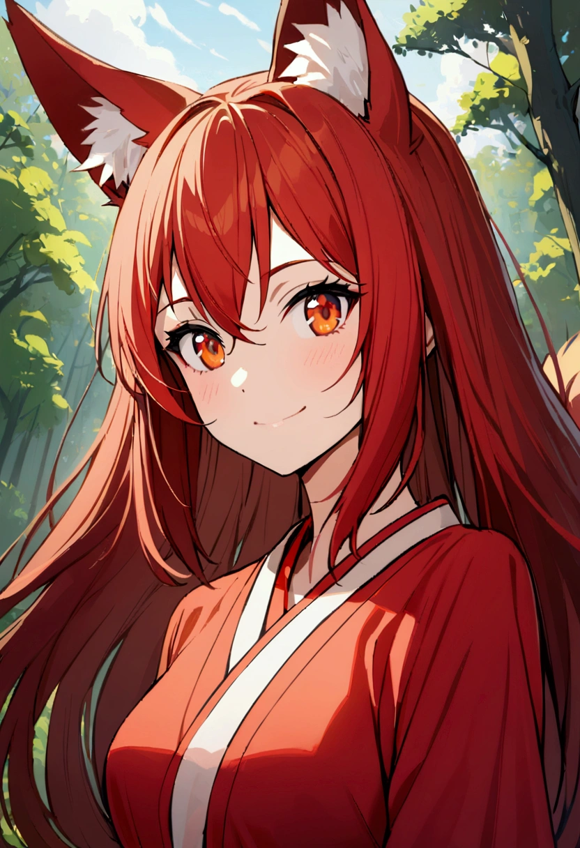 1girl with long red hair, amber eyes, fox ears, slender body, ,fox tail, red kimono, smiling, forest, day, upper body focus