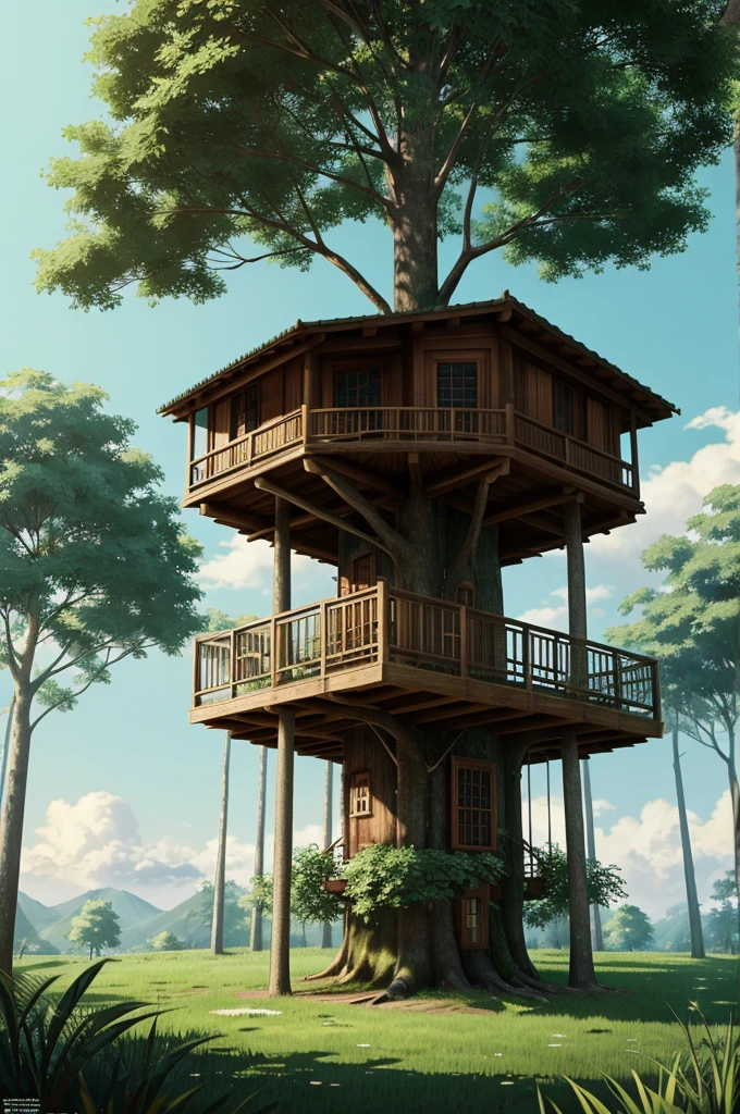 tree house in the middle of a forest, a screenshot by Makata Shinkai, cgsociety, minimalism, anime aesthetic, anime, wallpaper