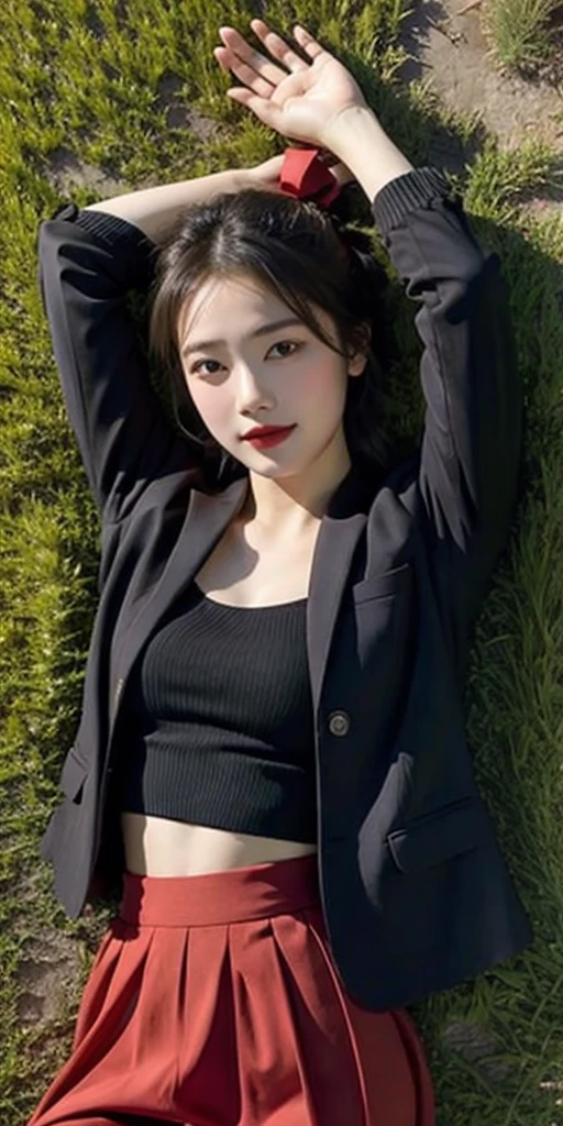 masterpiece, best quality, feMonica, hair bun, braid, red bow, black jacket, black skirt, red pantyhose, upper body, from above, lying on back, grass, looking at viewer, tired, smile, garden