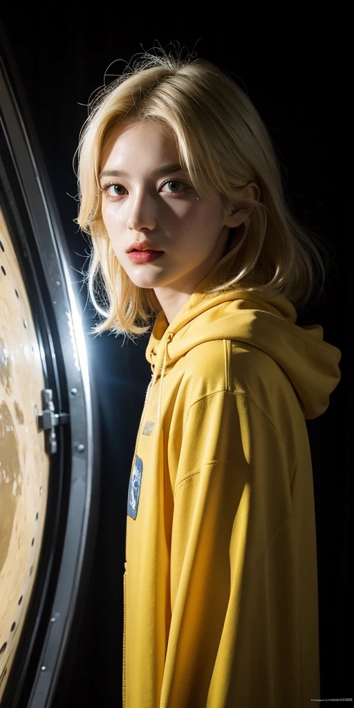 (young girl, 16 years old, blond hair, photorealistic, pale skin), (yellow (eyes:1.2)), (slim build:1.3), (fantasy space suit), beautiful face, symmetrical face, Greg Rutkowski, wlop and Sam Kuvshinov, (long hair), blond eyelashes, large iris, large pupil, full body, standing on the background of the cosmodrome, artstation, 8k, science fiction, pastel colors, props, panel, concept, futuristic, gribble, simon stalenhag, space, in outer space, a spaceship in the sky, technological blocks