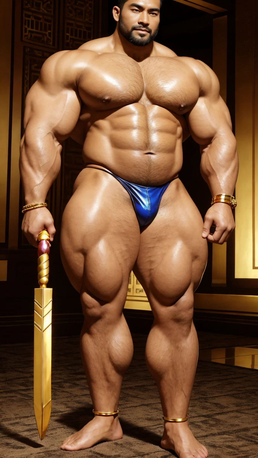 There is only one handsome Asian king in the photo,35 years old,tall, Wearing a golden crown,Crown inlaid with gemstones,Holding a golden scepter,Scepter inlaid with gemstones,Fitness,Smooth body,Smooth skin,No chest hair,short hair, O-Shaped Beard,Perfect body, Dark skin color,Radiant Skin,Smooth skin,Shiny, shiny skin,Smooth pectoral muscles,Muscle bulge, muscular, Very large pectoral muscles,Very sexy abdominal muscles,Very well-developed leg muscles,Huge concave and convex area,Brightens oily skin,Wearing a shiny gold leather thong,Handsome face,Normal human toes,Correct and accurate male body proportions,Gold Collar,Gold bracelet,Gold anklets,Standing in the magnificent palace,Epic。