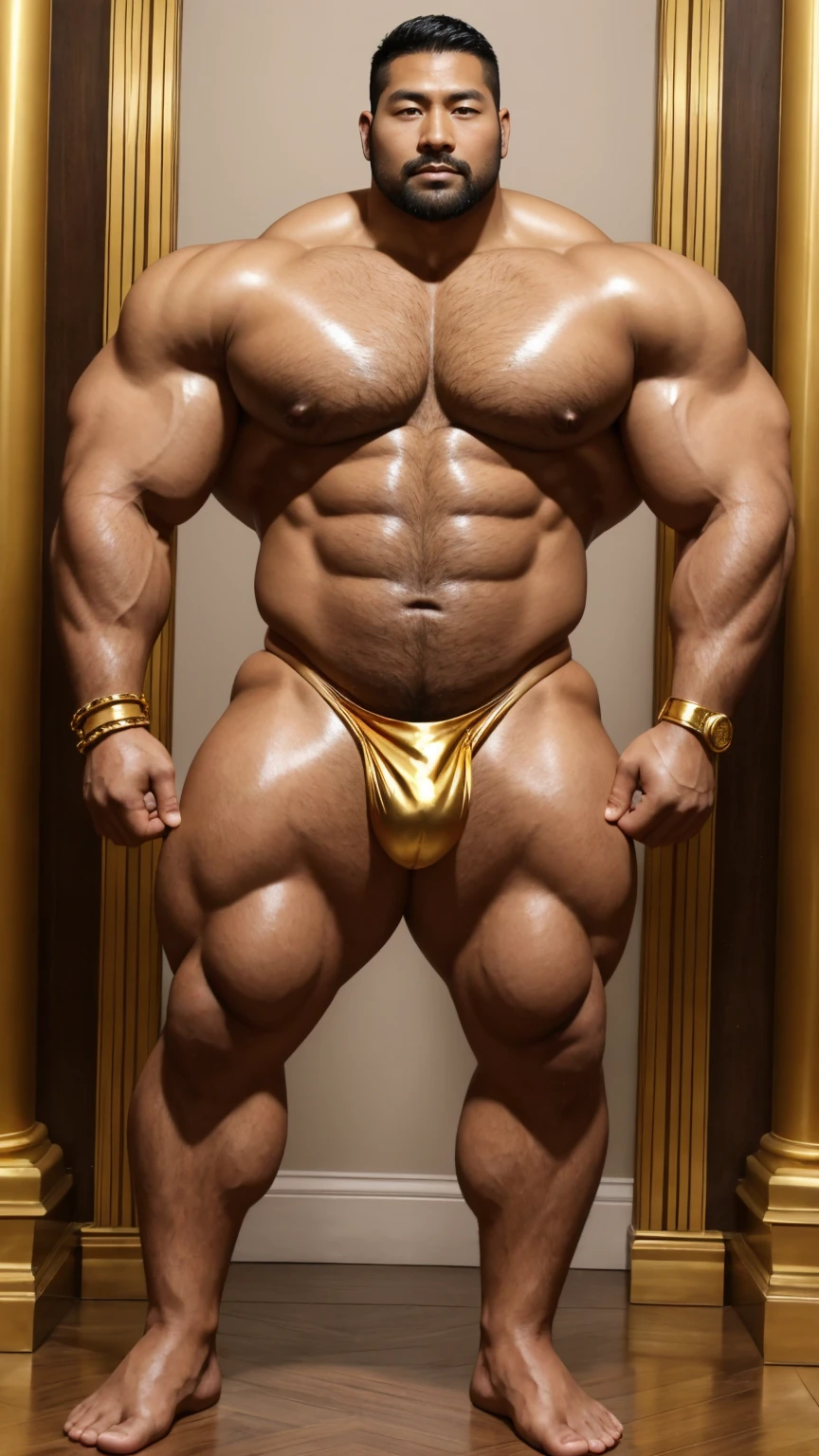 There is only one handsome Asian king in the photo,35 years old,tall, Wearing a golden crown,Crown inlaid with gemstones,Holding a golden scepter,Scepter inlaid with gemstones,Fitness,Smooth body,Smooth skin,No chest hair,short hair, O-Shaped Beard,Perfect body, Dark skin color,Radiant Skin,Smooth skin,Shiny, shiny skin,Smooth pectoral muscles,Muscle bulge, muscular, Very large pectoral muscles,Very sexy abdominal muscles,Very well-developed leg muscles,Huge concave and convex area,Brightens oily skin,Wearing a shiny gold leather thong,Handsome face,Normal human toes,Correct and accurate male body proportions,Gold Collar,Gold bracelet,Gold anklets,Standing in the magnificent palace,Epic。
