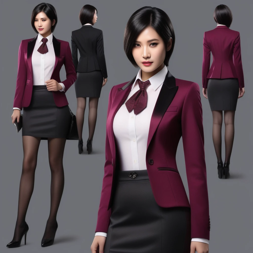 Ultra-realistic extremely detailed real life 8k masterpiece of a gorgeous asian woman re ada wong wearing (((skirt suit))), (((three-piece suit))), (((dress shirt))), (((necktie))), (((blazer))), (((black lapel))), (((suit jacket))), ((waistcoat)), double-breasted waistcoat, (((bodycon miniskirt))), pocket square, cufflinks, tie clip , tailored suit,, extremely detailed facial features, dark scary epic lighting, horror composition