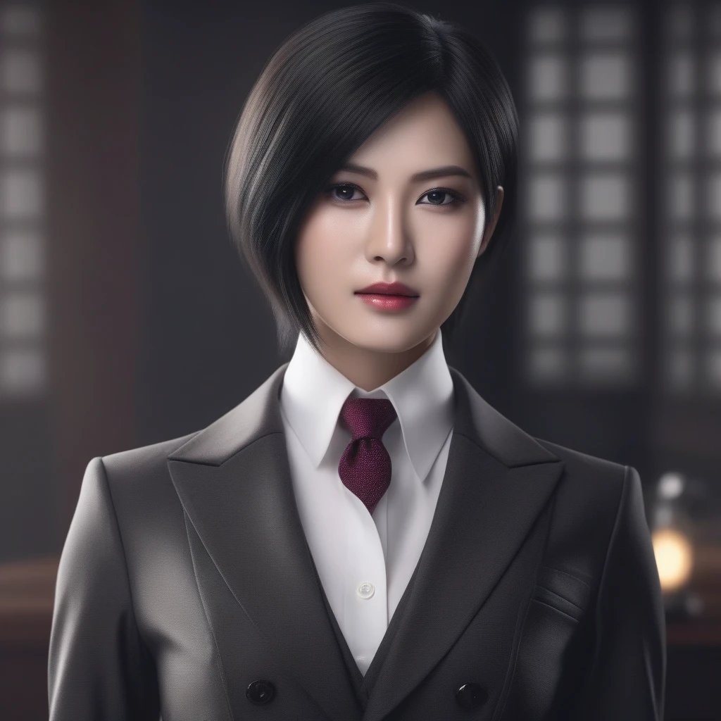 Ultra-realistic extremely detailed real life 8k masterpiece of a gorgeous asian woman re ada wong wearing (((skirt suit))), (((three-piece suit))), (((dress shirt))), (((necktie))), (((blazer))), (((black lapel))), (((suit jacket))), ((waistcoat)), double-breasted waistcoat, (((bodycon miniskirt))), pocket square, cufflinks, tie clip , tailored suit,, extremely detailed facial features, dark scary epic lighting, horror composition