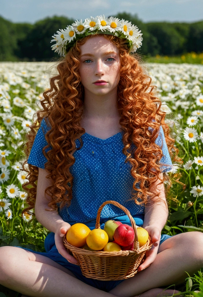 girl without clothing , pink nipples, tiny boobies, alone, (long ginger curly hair:1.1), brown eyes, Wearing a daisy wreath on your head, Sit in a daisy field, (fruit basket:1.1),raw,photographic,photo shadows,actual,Ridiculous,Aesthetic,elegant, bare skin, birthday suite, bare bum, knees open wide to either side showing pink vagina, creampie, youthful young features,