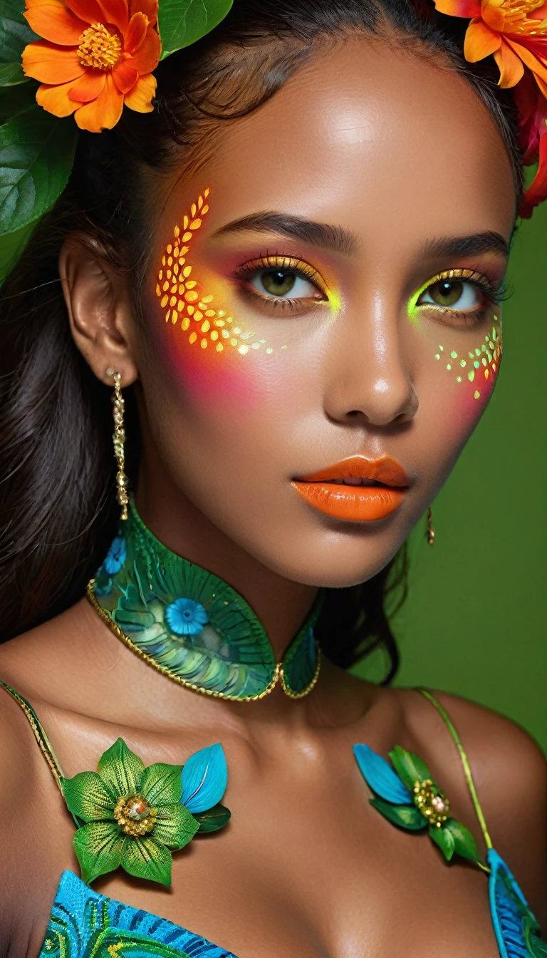 ((portrait of a DARK SKIN girl in the ultraviolet backlighting on her:1.24)), ((Glowing 3D objects interact with graphics，Super detailed illustrations)), (1girl: 1.3, 16 years), ((perfect hands:1.2)), ((perfect female body:1.4)), cute girl, CUTE SMILE, ((super fluorescent colourful and extremely intricately detailed photo of Hyperrealistic art Wonderful, intricate (fluorescent colorful:1.4))), photorealistic Realism 8K Quality, fashion supermodel, (Glamour, paparazzi taking pictures of her), (beautiful slim and sharp face), ((ultra absurd details of realistic , perfectly round brown eyes: 1.3 in Ultra absurd quality and resolution)), (Ultra sharp eyes, clear absurd quality, not blurry), ((fine detailed pupils: 1.4)), pink_makeup:1.2, blue_eyeliner, red_lipstick:1.4,(perfect dark_eyeshadows), (Detailed nose:1.2), Intricate detail face, (perfect composition), ((orange, green, black, red flower clusters: 1.44)), break, ((fluorescent flower clusters printed on skin: 1.33)), ((A model shows off glowing body paint covering her private parts in a vivid artistic display)), ((Beautiful girl with long legs and good style:1.2)), (((FULL FRONTAL VIEW LEGS SLIGHTLY SEPARATED WEARING KNEE BOOTS))), ((LARGE firm and full breasts:1.3)),(BREASTS CAN NOT BE VIEWED BY VIEWER), (dynamic pose:1.25),,(Erotic:1.33), (((cowboy shot:1.3))),