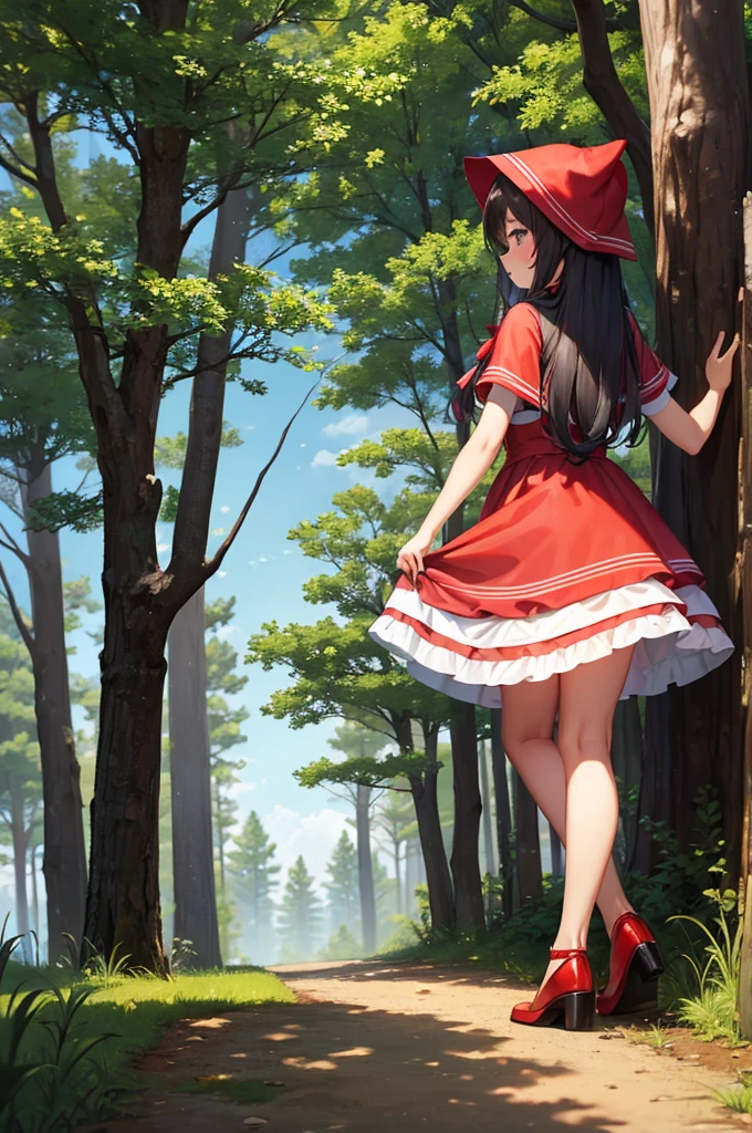 Little Red Riding Hood in a pine forest