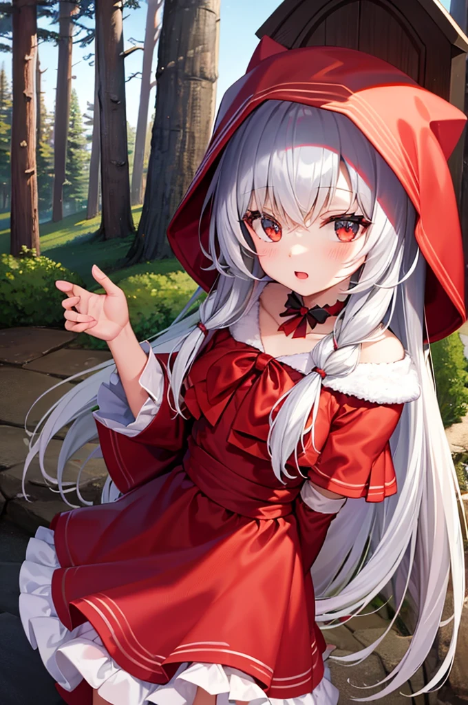 Little Red Riding Hood in a pine forest

