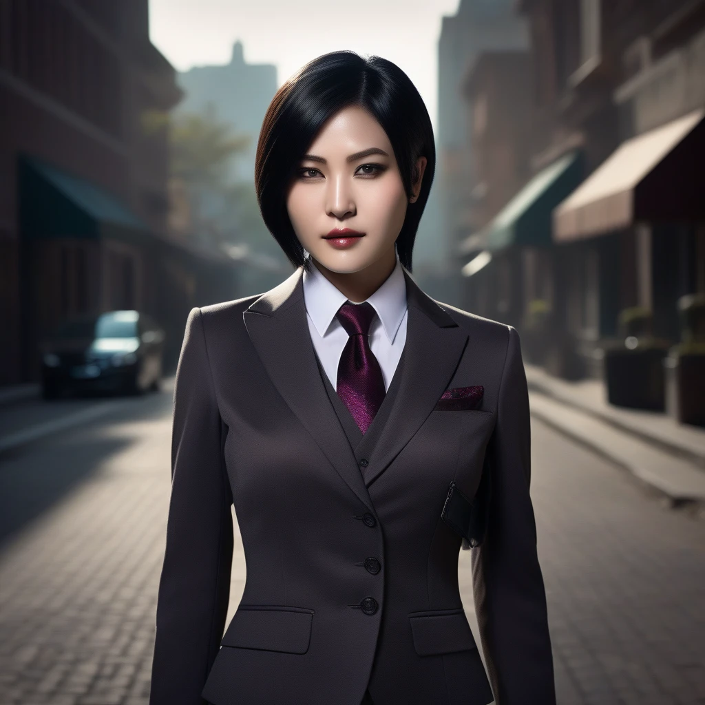 Ultra-realistic extremely detailed real life 8k masterpiece of a gorgeous asian woman re ada wong wearing (((skirt suit))), (((three-piece suit))), (((dress shirt))), (((necktie))), (((blazer))), (((black lapel))), (((suit jacket))), ((waistcoat)), double-breasted waistcoat, (((bodycon miniskirt))), pocket square, cufflinks, tie clip , tailored suit,, extremely detailed facial features, dark scary epic lighting, horror composition