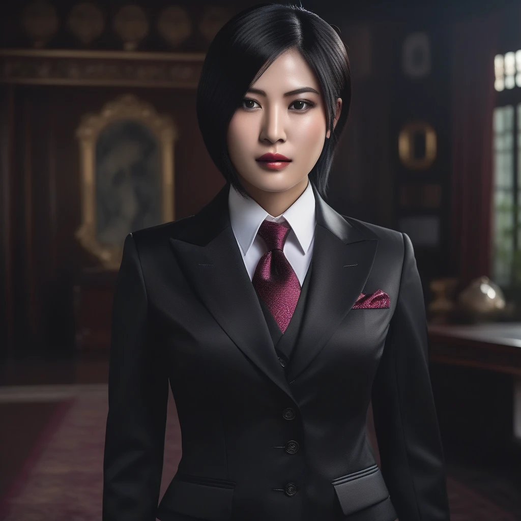 Ultra-realistic extremely detailed real life 8k masterpiece of a gorgeous asian woman re ada wong wearing (((skirt suit))), (((three-piece suit))), (((dress shirt))), (((necktie))), (((blazer))), (((black lapel))), (((suit jacket))), ((waistcoat)), double-breasted waistcoat, (((bodycon miniskirt))), pocket square, cufflinks, tie clip , tailored suit,, extremely detailed facial features, dark scary epic lighting, horror composition