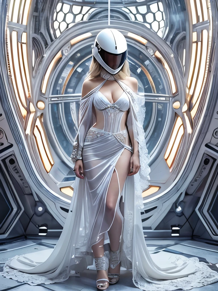 (Masterpiece.UHD.photorealistic).Full body. An ultra hot gorgeous European woman covered in loose clothing. White cotton veils. Large breast. ((Her face is hidden behind a futuristic helmet )).A sci-fi image. In an aseptic setting..