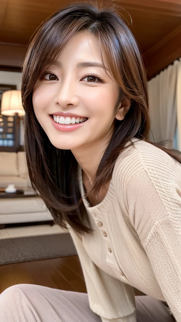 Highest resolution, 4K, Masterpiece: 1.3), A Japanese milf, photo of one lady, Sexy: 1.1, fine eyes, Slender figure, Realistic teeth, double eyelids, smile, full body, best quality, detailed, beauty, a married woman, at the living room, back shot