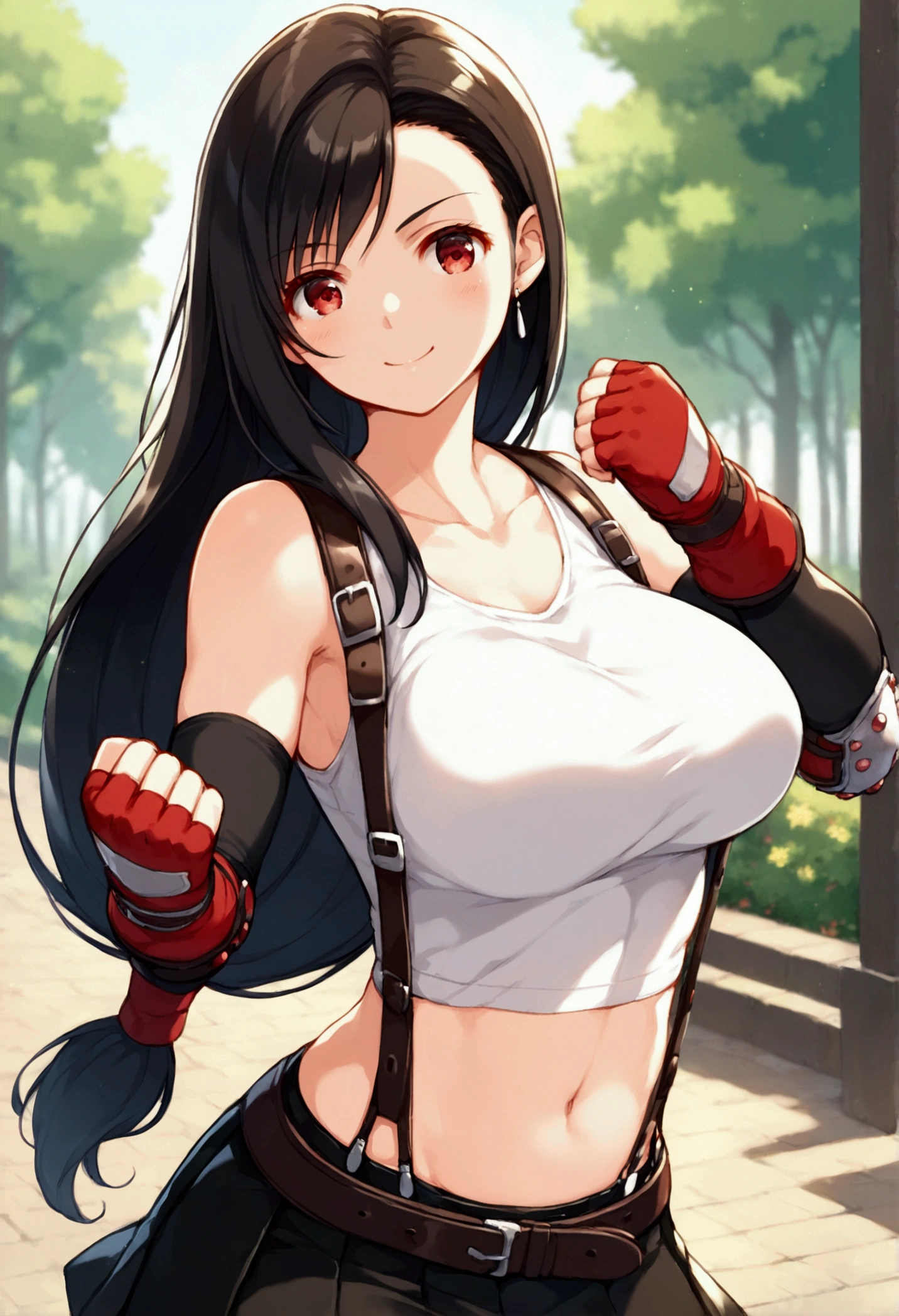 score_9, score_8_up, score_7_up,,BREAK , ,dynamicangle, dynamicpose,straight-on,,standing,contrapost, ,,straight-on,Solo ,1girl, tifa lockhart, final fantasy, tareme,black hair, low-tied long hair, red eyes, bangs, (white tank top, belt, pleated skirt, thighhighs, elbow fingerless gloves, elbow pads, midriff, navel,suspender skirt) ,(large_breast),(light smile),fist,fist,daytime,outdoor,(ultra detailed),(best quality),(aesthetic,very aesthetic),UHD,extremely detailed CG unity 8k wallpaper,anime,depth of field,,, 　　