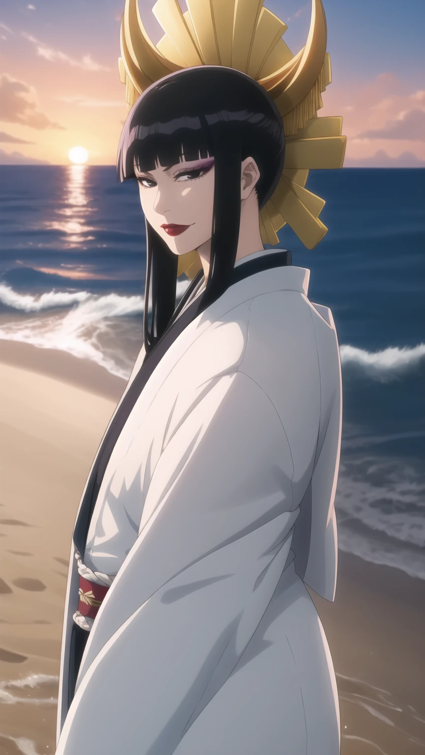 masterpiece, best quality, SShutaraV4, 1girl, solo, looking at viewer, slight smile, long hair, bangs, blunt bangs, sidelocks, (black eyes), (black hair:1.4) makeup, lipstick, red lipstick, mature, mature female, japanese clothes, kimono, sunset, outdoors, sea, water, sand, anime coloring, 