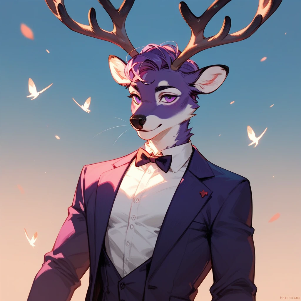 Sexy Jackalope, Male, furry, purple black and fuchsia, antlers, dressed  (score_9,score_8_up,score_7_up,score_6_up,score_5_up,score_4_up)