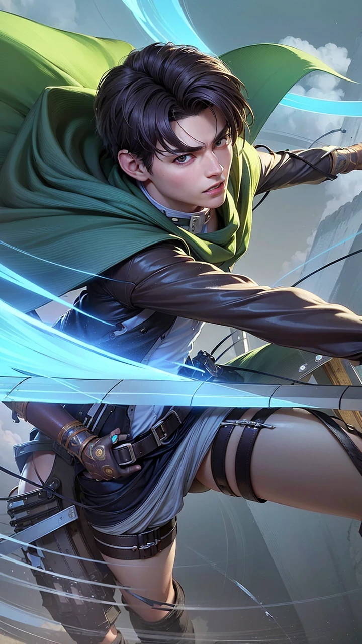 masculine male, masterpiece, ((perfect eyes)) best quality, (semirealism:1.9), beautiful lighting, (extremely detailed CG unity 4k fhd wallpaper), High Detail, Sharp focus, dramatic outdoors, 1 boy ,19 years old, white hair, light purpel eyes, smile. Attack on titan logo on sleeve