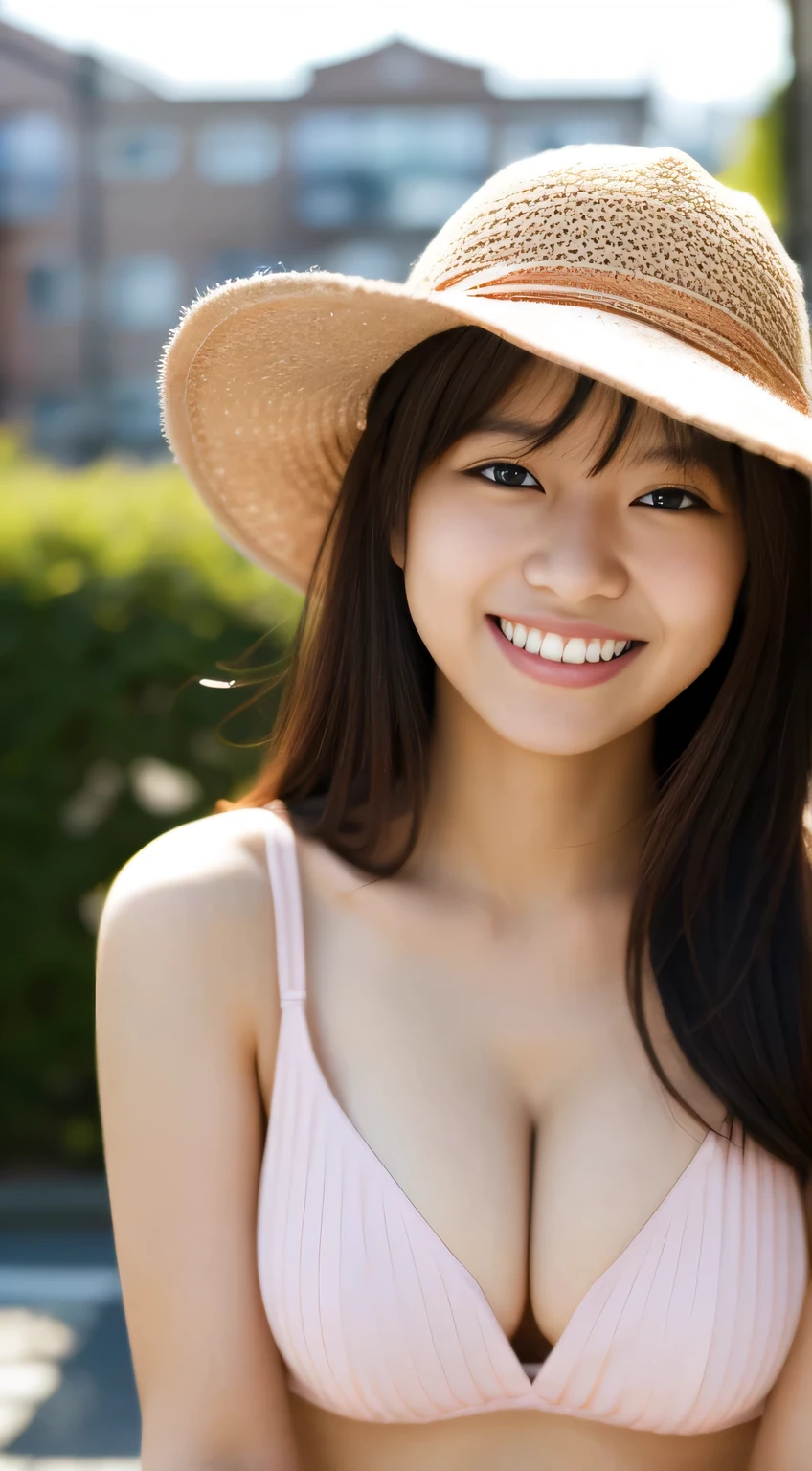 masterpiece,best quality,(Japanese ),((Beautiful girl)),cleavage,(perfect body beauty:1.2),(shy smile),beautiful teeth,(Blurred background of brick buildings),(hat),