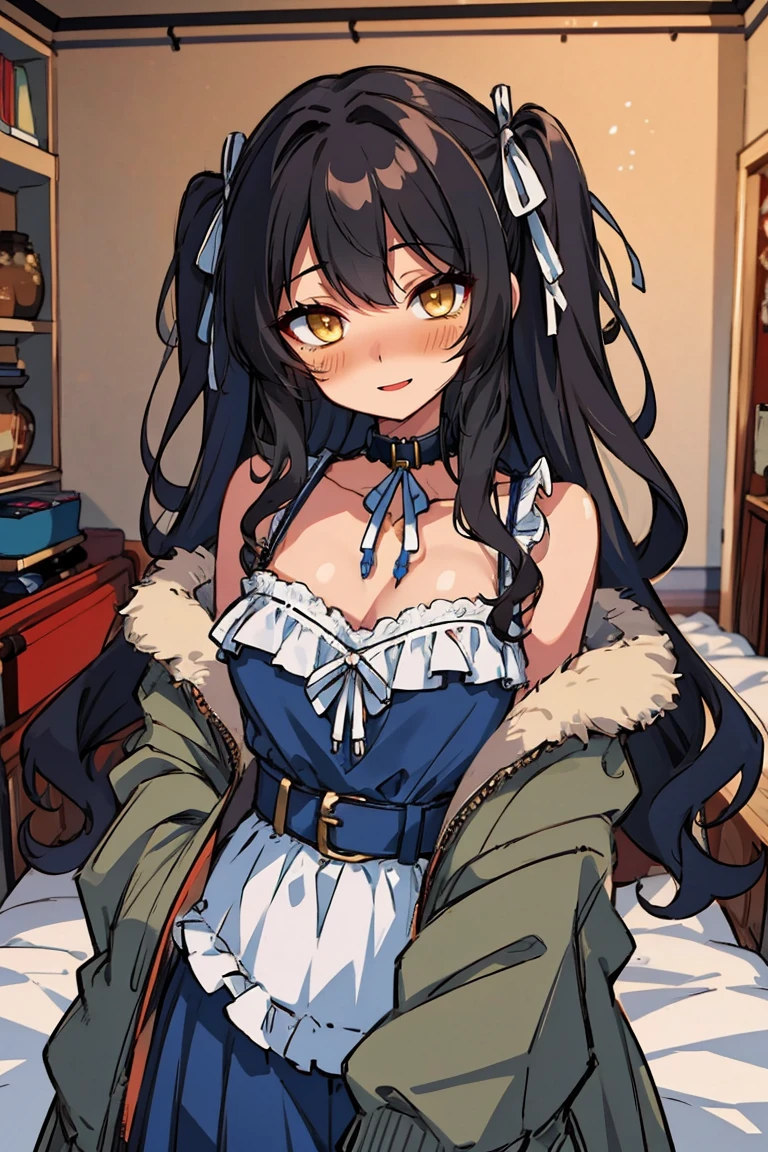 (masterpiece:1.2), (high quality:1.2), (hui xiyi:0.7), rekkyo sensen, rekkyou sensen, girls with((1girl, solo, black hair, yellow eyes, (wavy medium hair, one side up:1.55), blush, breasts, choker, cleavage, coat, cowboy shot, blue rose dress, navy dress, ribbon waist belt, collar, collarbone, rosary, rosary choker, cross, fur, khaki hoodie, green hoodie, hood down, hooded coat, hooded jacket, hoodie, jacket, large breasts, long hair, long sleeves, medium breasts, open clothes, open coat,open hoodie, sleeveless, winter clothes, zipper, cleavage, upper body, hand up, waving, palm)), background with((bedroom, room:2.0))