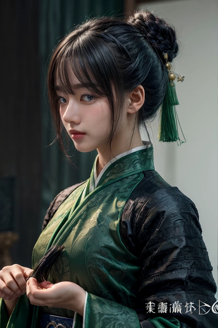 1 girl, heroine, handsome, splashed ink, Chinese armor, (upper body), black hair, floating hair, delicate eyes, black and green antique damask Hanfu, fov, (f1.8), (masterpiece), (portrait shot), front shot, white background, (movie poster), weapon