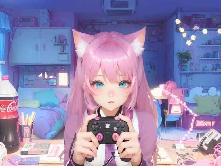 cute anime girl holding a pink video game controller in a room, with cute hand,anime catgirl, cute anime catgirl, anime girl with cat ears, flat anime style, nekomimi, lofi girl, catgirl, anime vibes, soft anime illustration, ddlc, girl with cat ears, anime style. 8k, pink twintail hair and cyan eyes, digital anime illustration, anime room with a computer, a desk, and a coca cola bottle, anime background art, background art, anime aesthetic, personal room background, kawaii aesthetic, anime background, lofi girl aesthetic, anime vibes, lofi artstyle, beautiful kawaii lighting, lo-fi illustration style, lofi aesthetic, interior background art, cute detailed digital art, glowing aesthetic