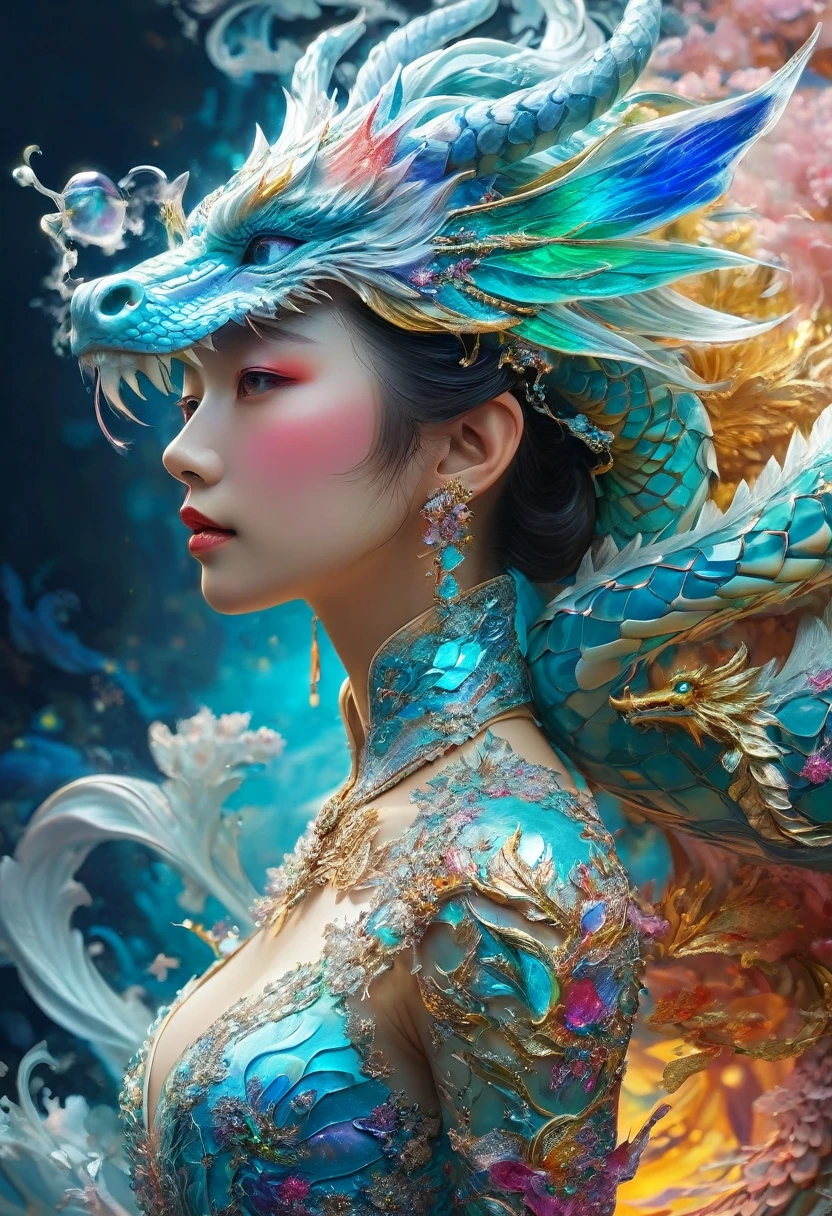 *8K masterpiece, Highest quality, Highest quality, Official Art, (Beauty and aesthetics: 1.3), Very detailed, (Fractal Art: 1.3), colorful, Ice and Chinese dragon, Serpentine body, nail, cyan and 1 Woman, Hanwomen's Media, Hanfu, cyan