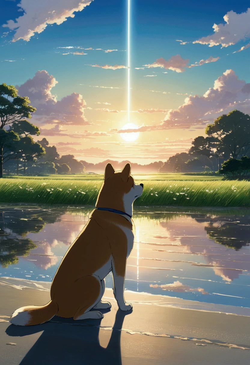 Makoto Shinkai Taste:1.1, Beautiful sky, Shiba Inu,puppy, Romantic Landscape, Healing scenes, Light pours in,hope,morning,