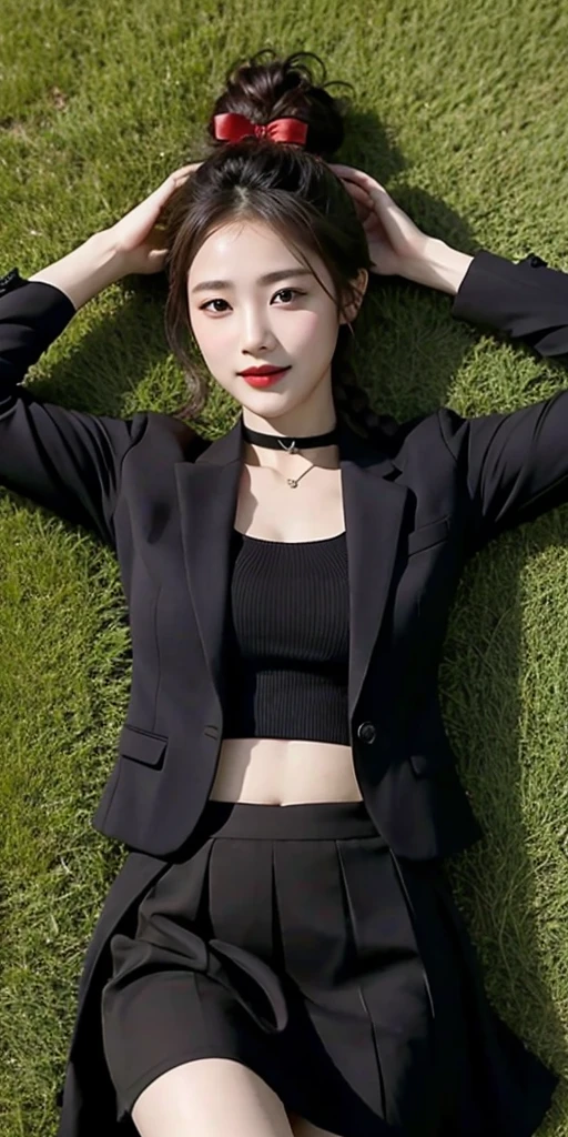 masterpiece, best quality, feMonica, hair bun, braid, red bow, black jacket, black skirt, red pantyhose, upper body, from above, lying on back, grass, looking at viewer, tired, smile, garden