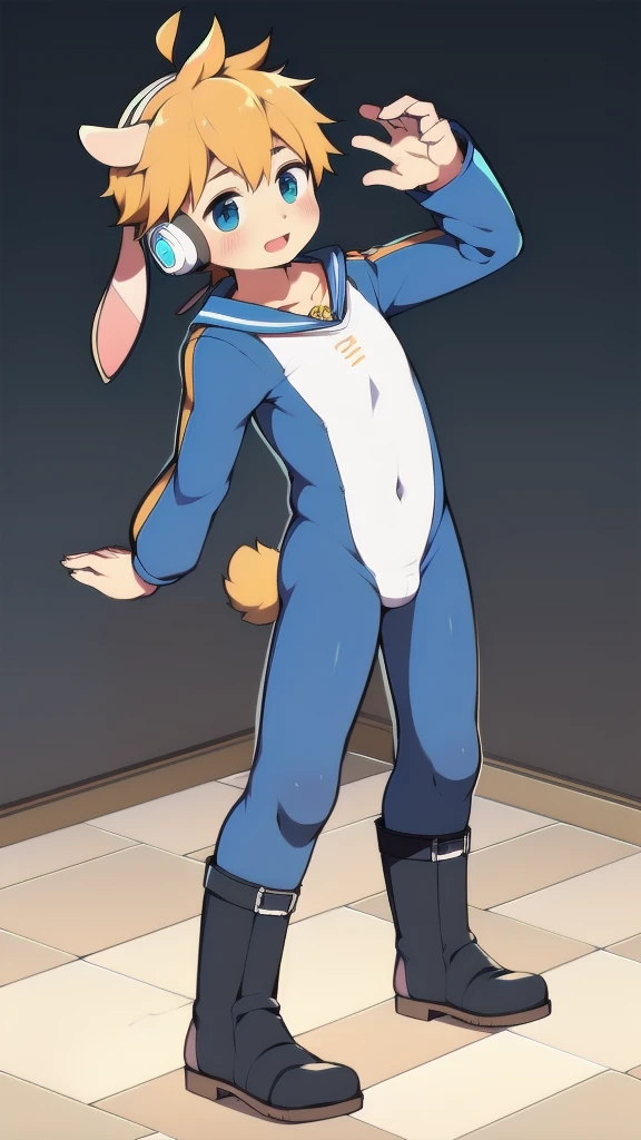 2D Shonen Shota,One-piece suit,Slim, healthy body,Put the headphones on your head,stand up,goggles,Rabbit ears,Happy,Sailor collar,boots,charming,Akimbo