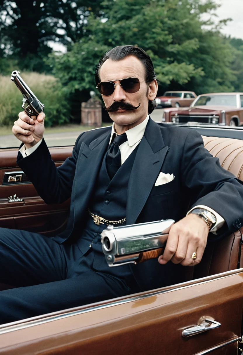 Me as a world's richest adult person in gangster's look with the age of 25 year with fine moustache.me driving a Lincoln continental and pistol is present in my hand with the convoy 