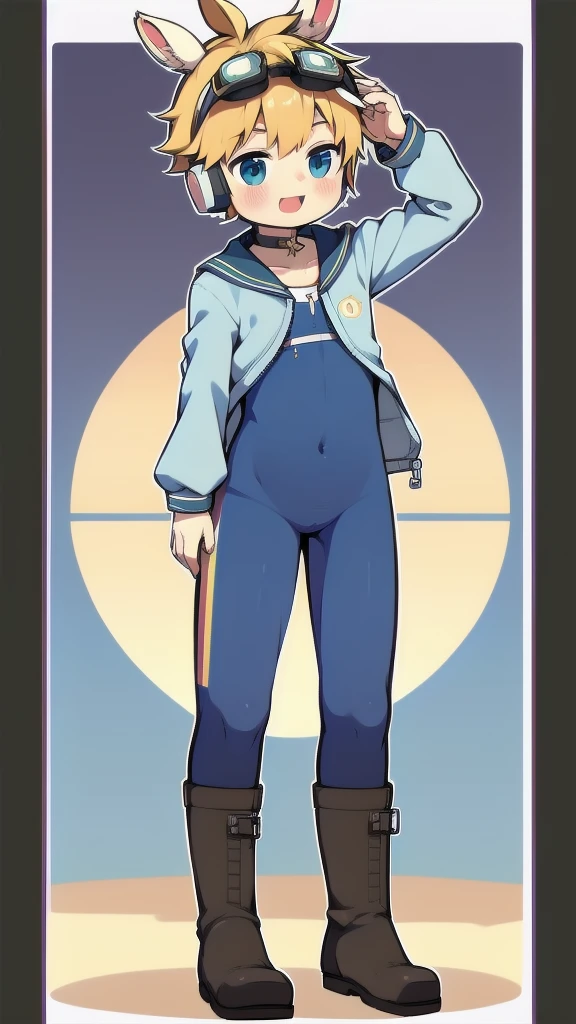 2D Shonen Shota,One-piece suit,Slim, healthy body,Put the headphones on your head,stand up,goggles,Rabbit ears,Happy,Sailor collar,boots,charming,Akimbo