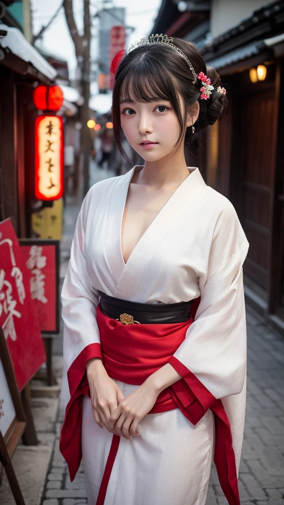 masterpiece,best quality,high resolution,8K,Realistic face,Realistic skin texture,magnified textures, 1 girl,Journalist girl, 19 years old,detailed eyes,Edo Period,Oiran、Prostitute、Fuchu、Post town、standing,black hair、 pale skin,(Open chest)、(from front)、Elegant kimono、Melancholic expression,slim body,beautiful kanzashi,beautiful eyes,white,look at viewer、small nose,straight nose、Red light district