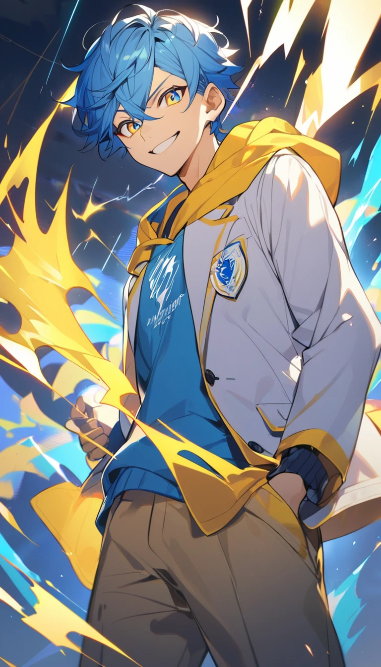 1 boy,yellow and blue hair,yellow and blue eyes,,white open school blazer with logo,yellow hoodie inside,bright smile, holding a lightning ⚡, standing 
