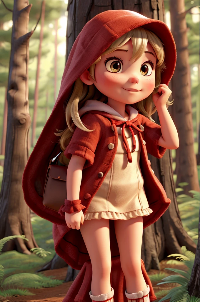 Little Red Riding Hood in a pine forest